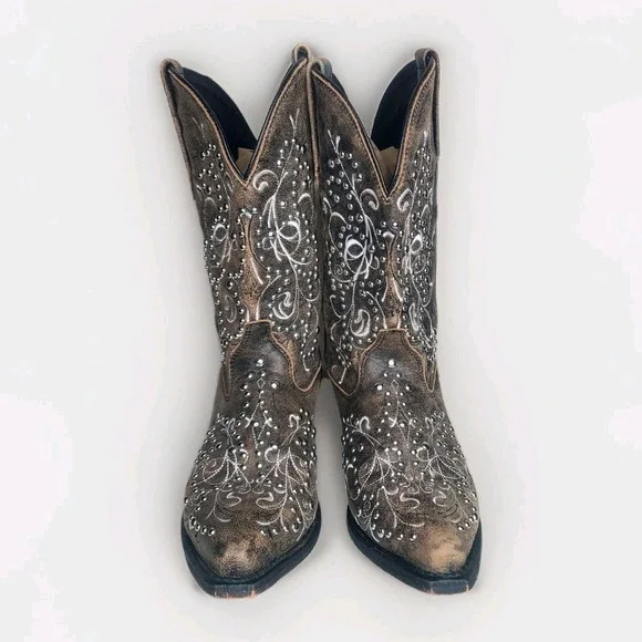 ROCKIN COUNTRY Womens Brown Leather Silver Studded Western Pull On Boots Sz 11M - Picture 4 of 8